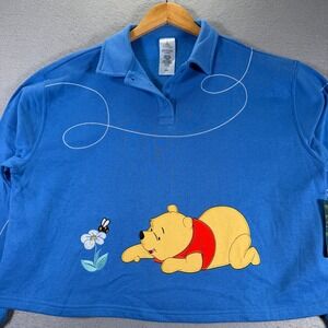 Disney Winnie the Pooh Blue Polo Collar Long‎ Sleeve Shirt Top Women's M New